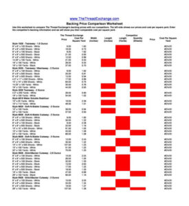 Backing Price Comparison Worksheet Template