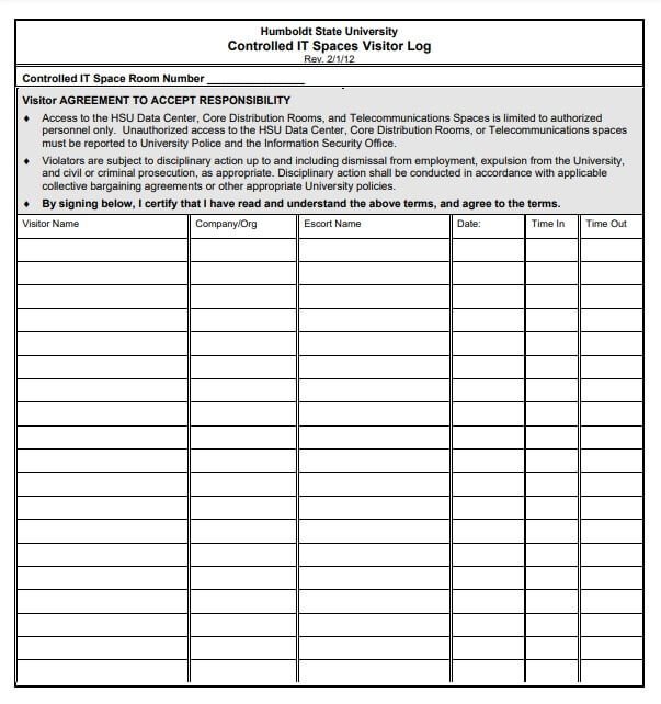 Controlled IT Space Visitor Log Template