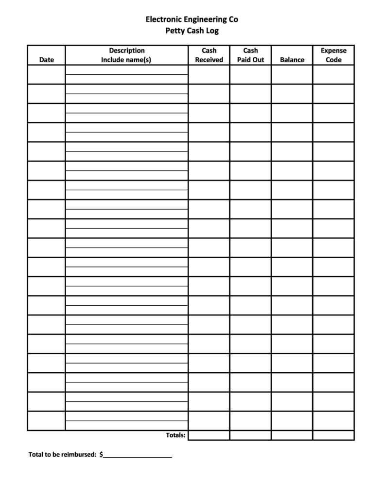 Electronic Engineering Co Petty Cash Log Template