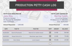 Production Petty Cash Log Template