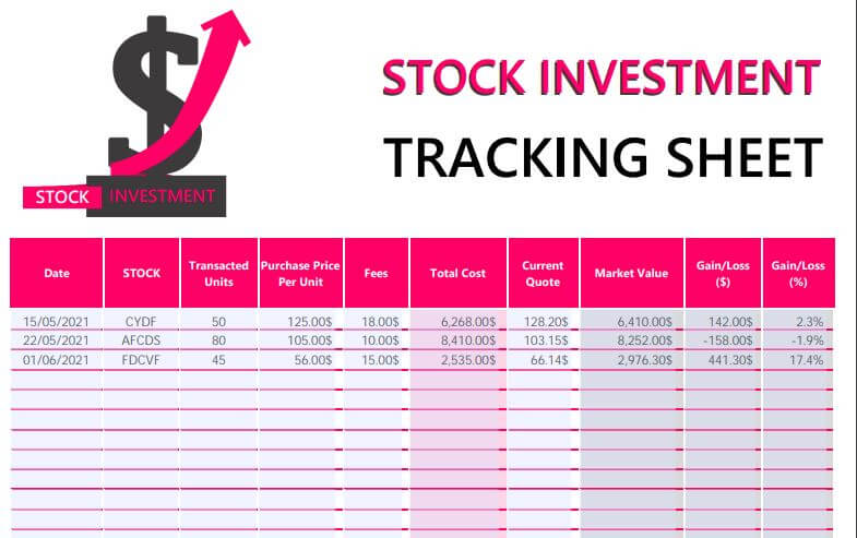 Stock Investment Tracking Sheet Template