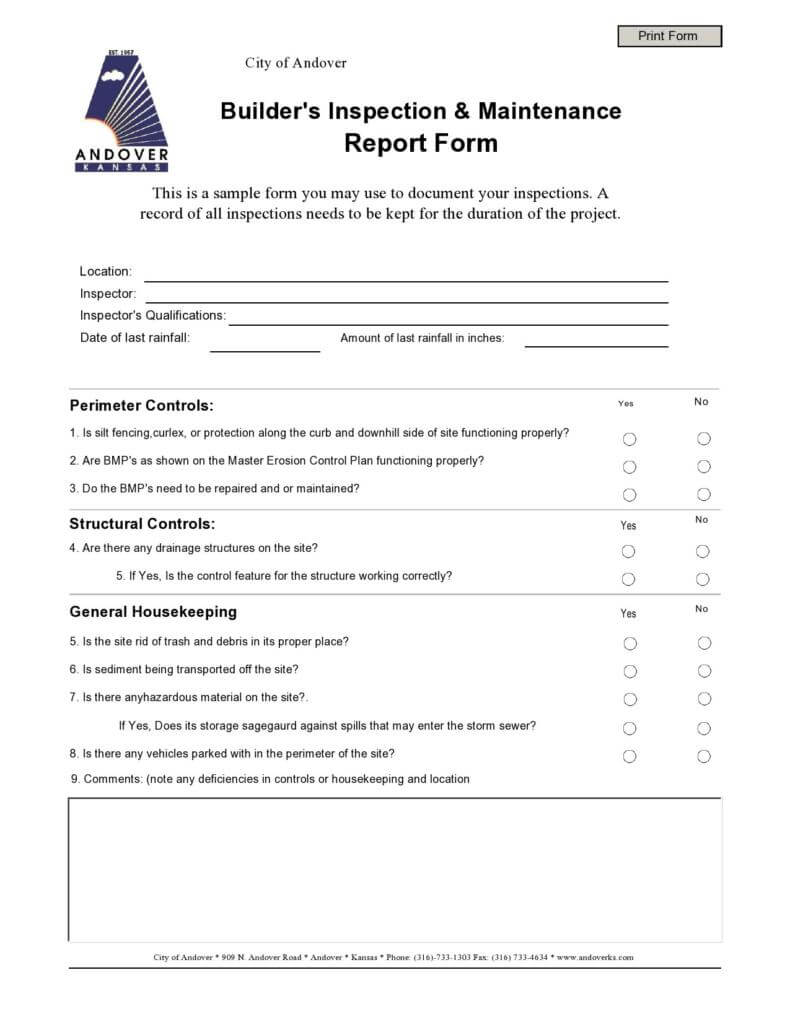 Builder's Inspection And Maintenance Report Template