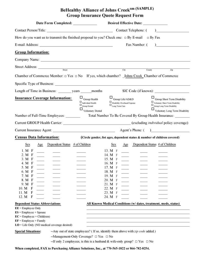 Group Insurance Quote Request Form Template