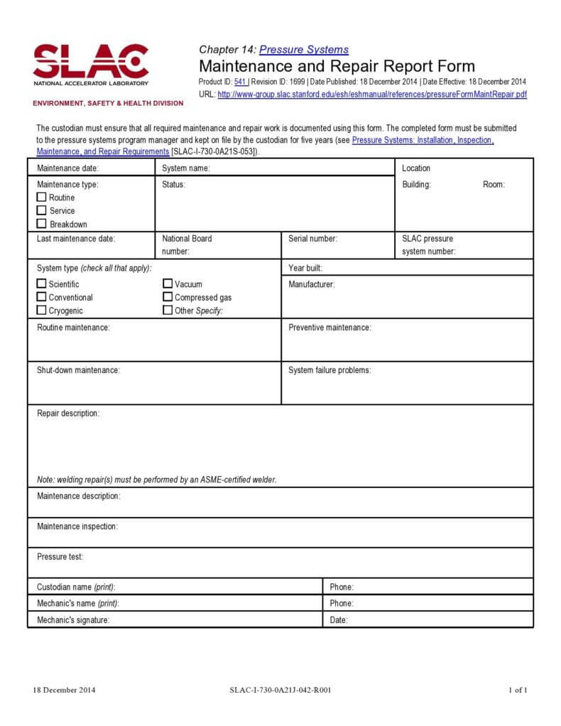 Maintenance And Repair Report Form Template