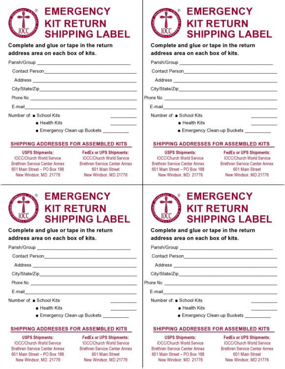 Emergency Kit Return Shipping Label Template