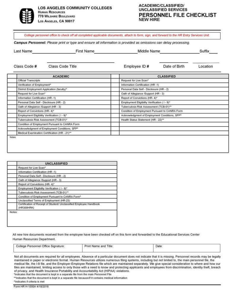 Personnel File Checklist Template
