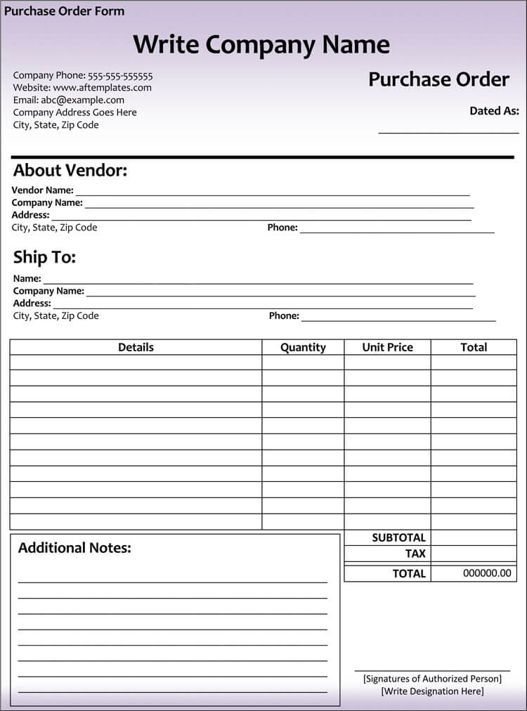 Company Purchase Sample Order Template