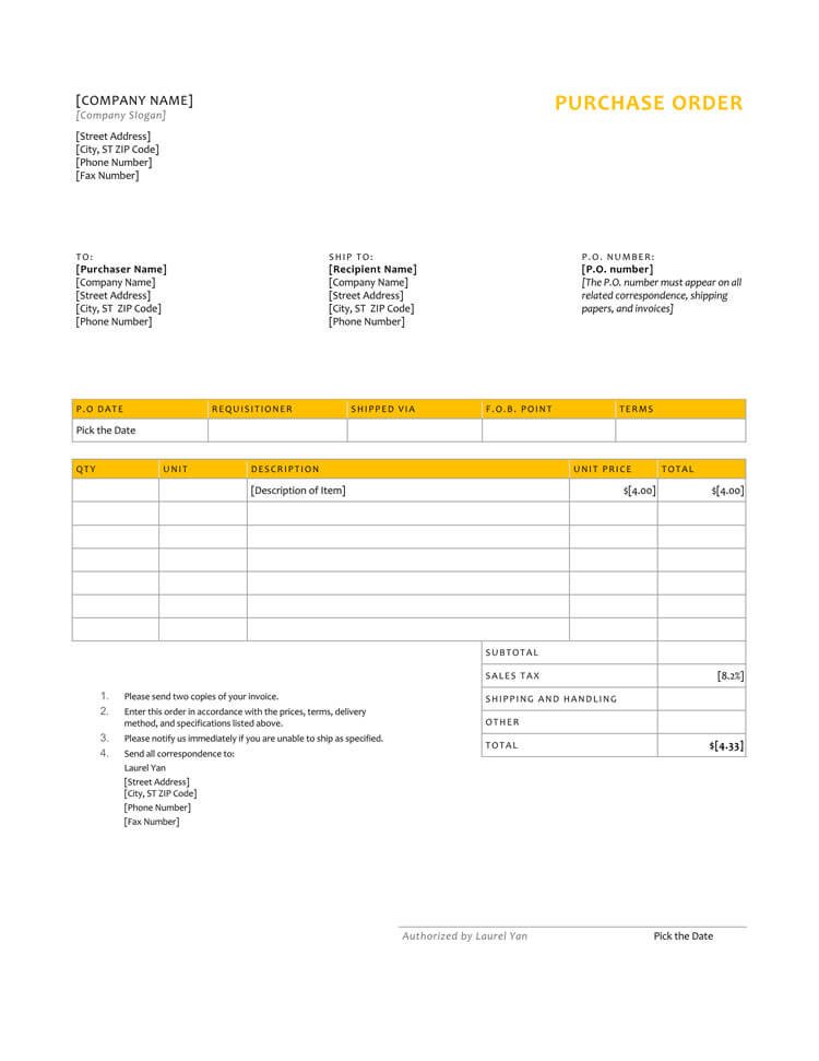 Printable Purchase Order Template 001