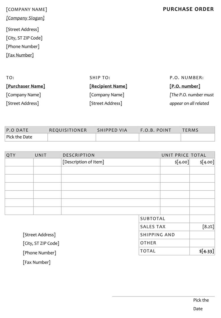 Purchase Order Form Template 001