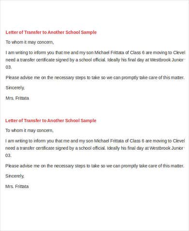 Free School Transfer Letter Erxample