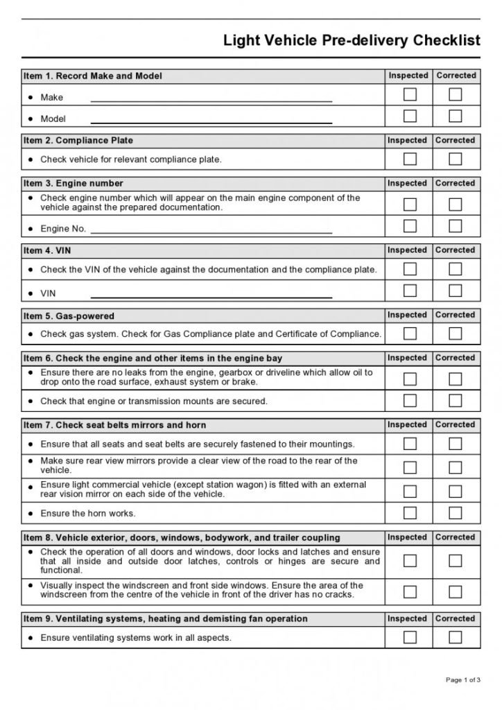 Vehicle Checklist Template Word