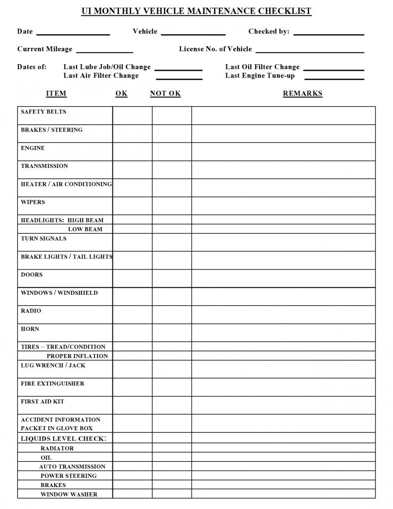 Monthly vehicle Maintanance checklist