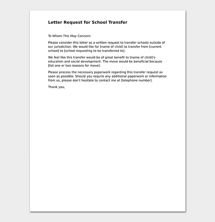  Request Letter for School Transfer