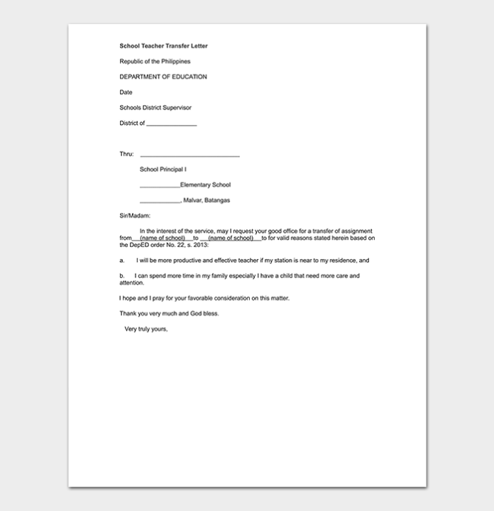 sample application letter for teachers transfer of school