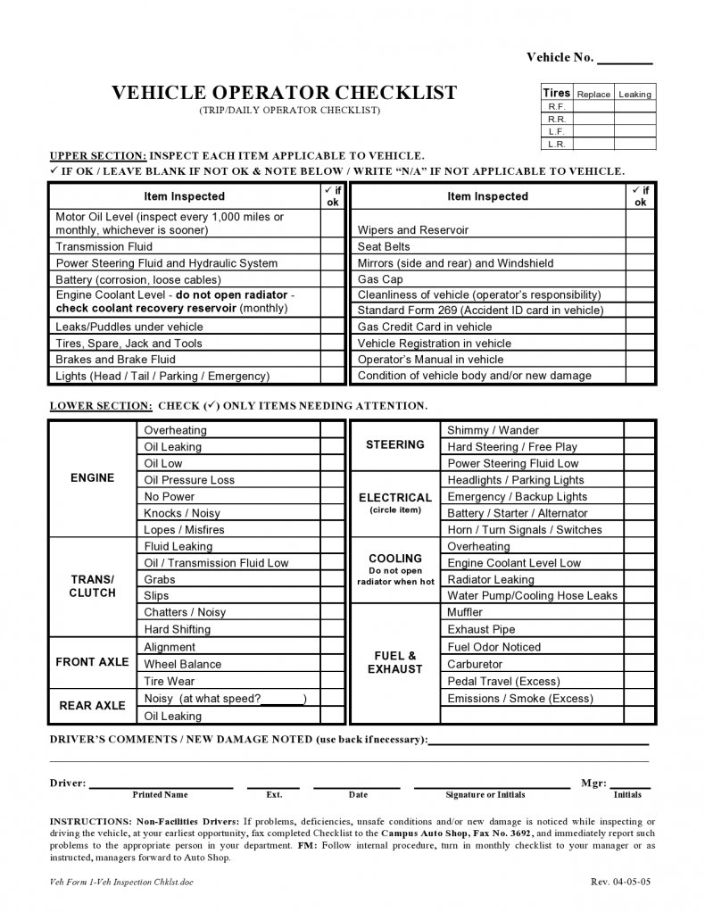 vehicle Oparator checklist