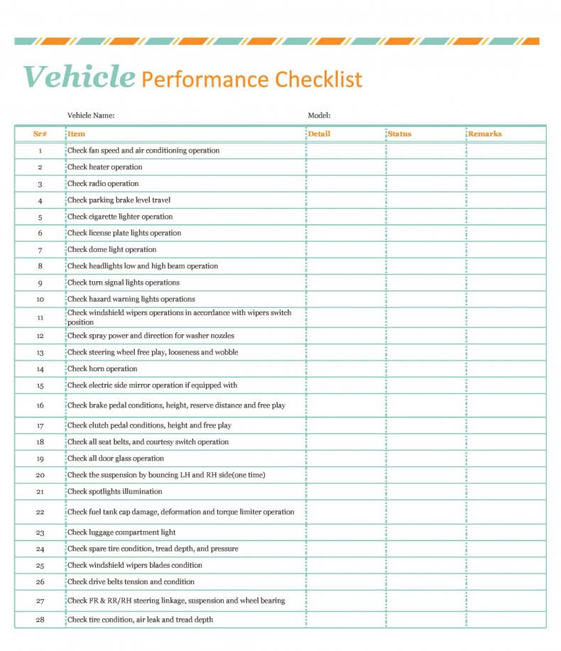 vehicle performanc checklist