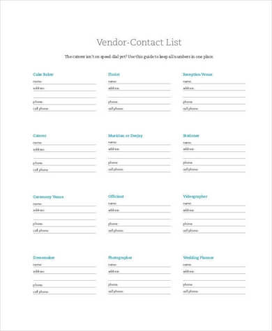 Suppliers or Vendor Contact List