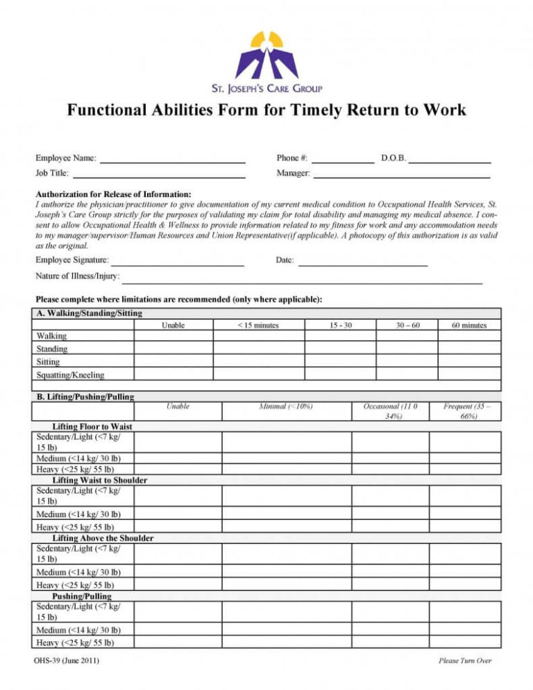 Funtional ability form for timely return to wok