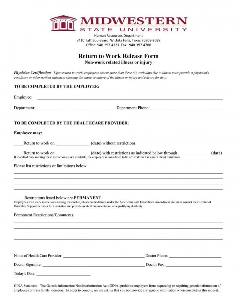 24 Best Return To Work Form Physician S Work Release Form