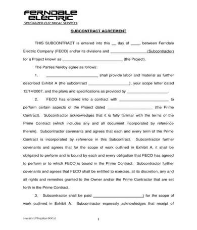  Electrical Services Subcontractor Agreement Form