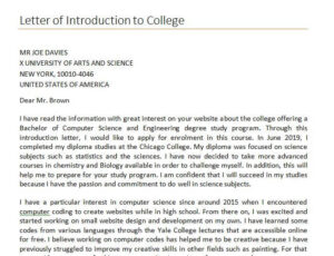 Letter of Introduction to College 