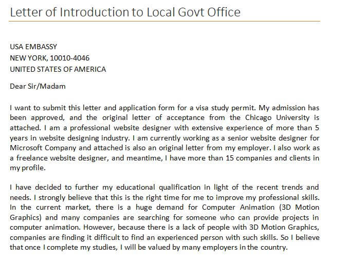 Letter of Introduction to Local Govt Office