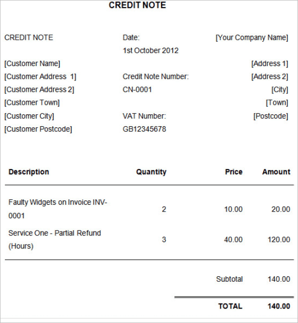 21 Free Credit Note Templates In Word PDF And Excel Format